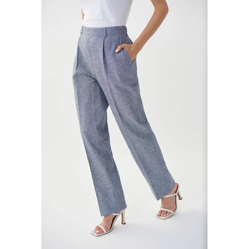 Joseph Ribkoff Trousers Women 10 Blue Linen Cotton High Rise Bootcut Pant 222126